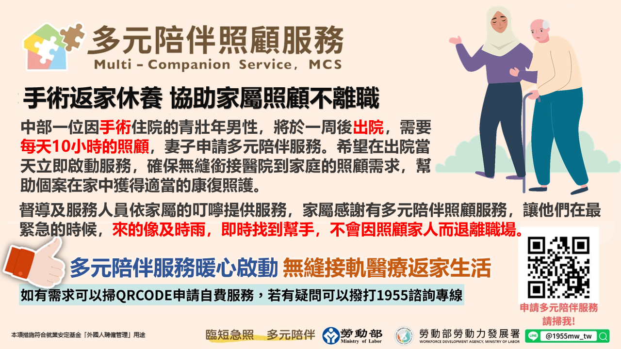 「家人術後喘口氣，有人幫！」 多元陪伴照顧服務 減輕你的照顧壓力